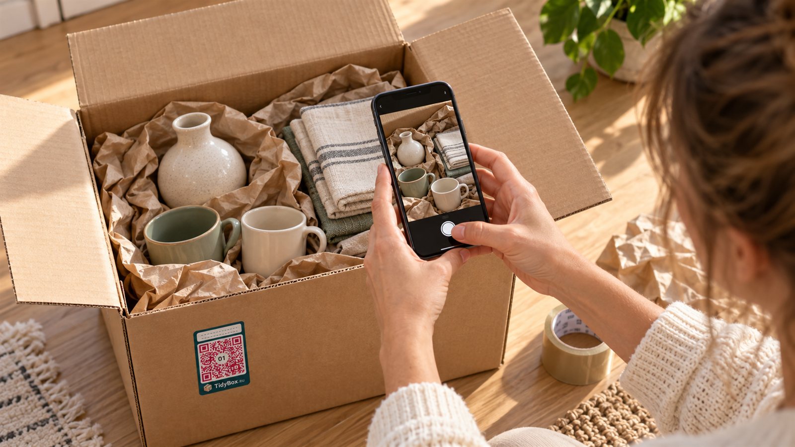 Hands photographing a ceramic vase and everyday belongings before sealing a TidyBox-labelled moving box