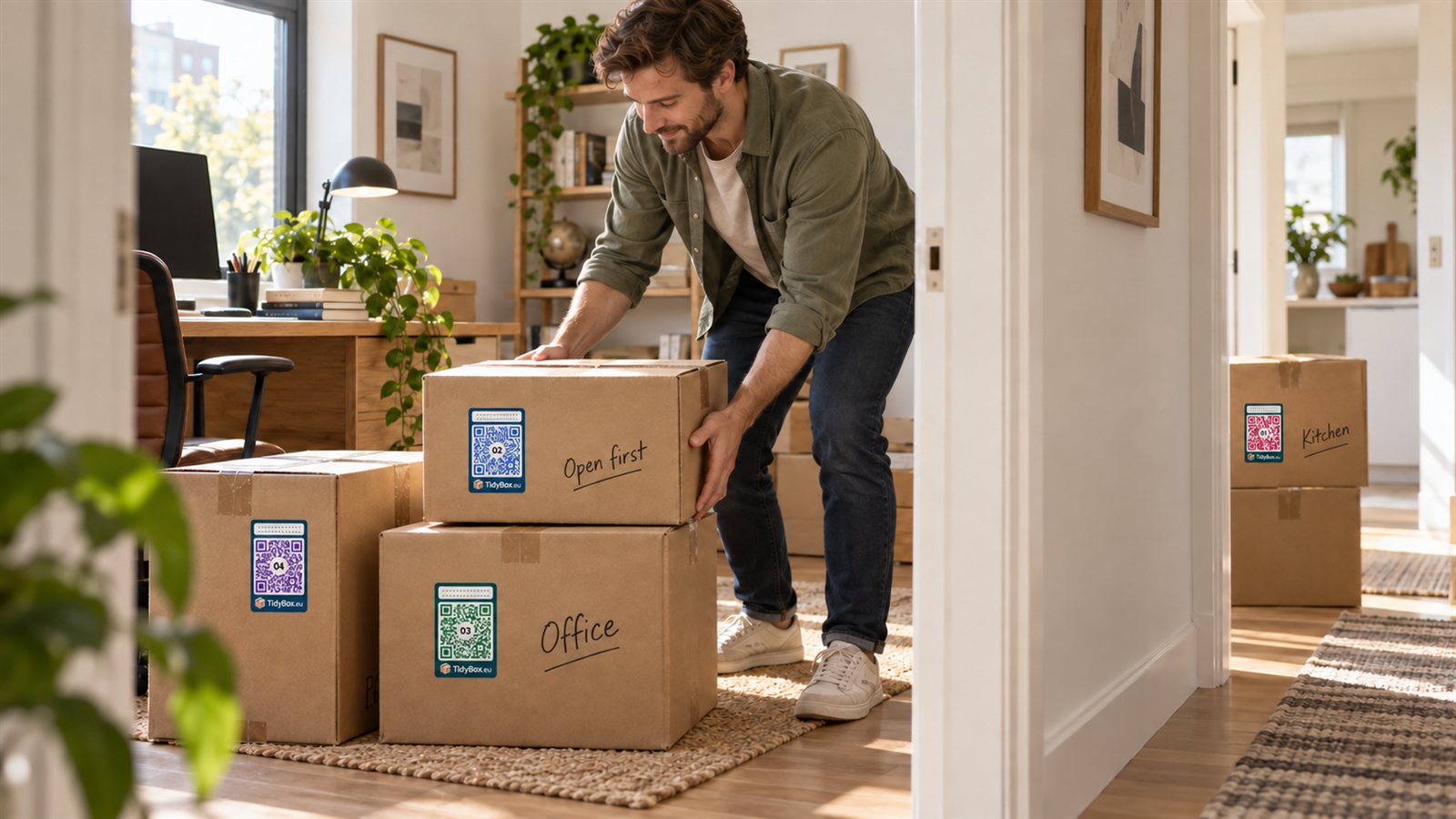 Moving boxes grouped by destination rooms while a person selects one to unpack in a bright home office